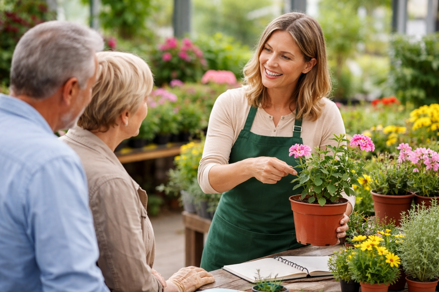 Eine Person hält eine Topfpflanze, während sich ein paar Menschen in einem Gewächshaus aufhalten.